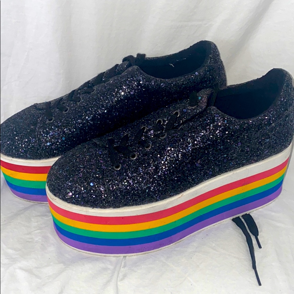 NYLA black glitter and rainbow lace up platforms size 9